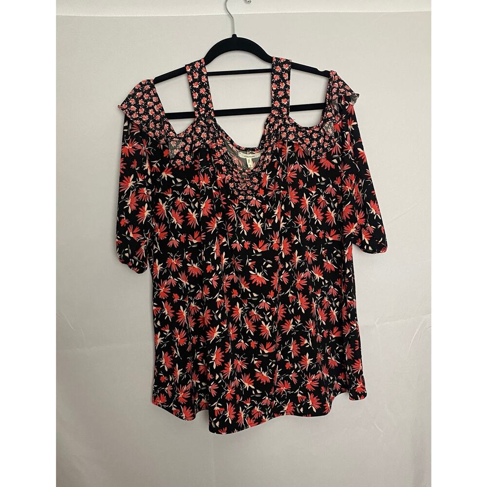 Maurices Floral Cold Shoulder Top Plus Size 2X Black & Red Boho Festival Blouse
